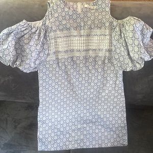 Blue & white cold shoulder ballon sleeve mini dress high neck Size Small